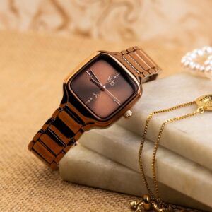 Stylish Vyb Minimalist Quartz Analog Brown Dial Metal Strap Watch For Girls - SKU: GSFV60024QM01W