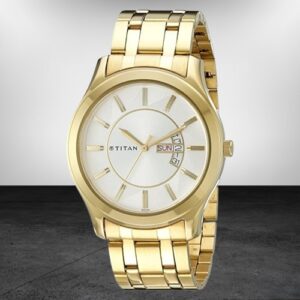 Elegant Silver Dial Golden Steel Strap Men's Watch With Date Function - SKU: GS1627YM01