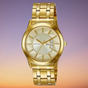 Elegant Golden Dial Stainless Steel Strap Watch for Men with Day and Date - SKU: GS1627YM02