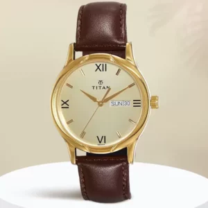 Elegant Analog Champagne Dial Brown Leather Strap Men's Watch - SKU: GS1580YL05