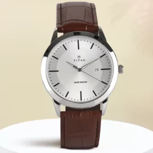 Elegant Trendy Analog Silver Dial Brown Leather Strap Men's Watch - SKU: GS1584SL03