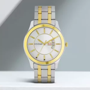 Elegant Day & Date Watch for Men, White Dial Two Tone Steel Strap - SKU: GS1627BM01