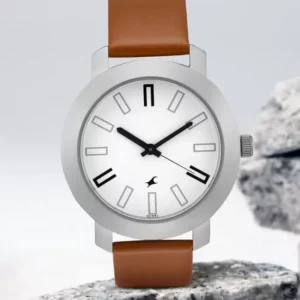 Stylish Trendy Analog Watch for Men, White Dial Brown Leather Strap - SKU: GS3120SL01