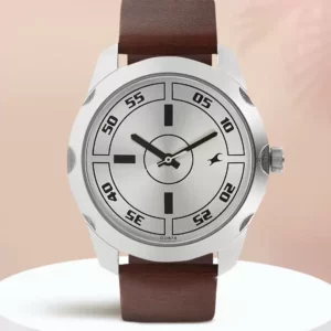 Stylish Treandy Analog Silver Dial Brown Leather Strap Men's Watch - SKU: GS3123SL02