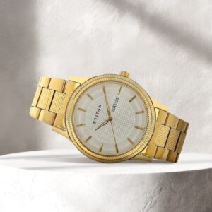 Elegant Silver Dial Golden Strap Analog Watch for Men With Day And Date - SKU: GS1650YM05