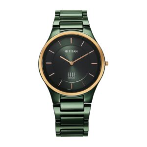 Elegant Edge Bicolour Analog Green Dial Ceramic Strap Watch for Men - SKU: GS1696KC10